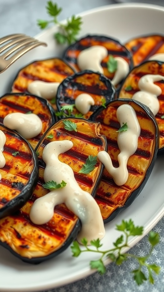 Grilled eggplant slices topped with tahini sauce and garnished with herbs on a white plate.