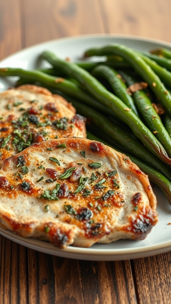 A plate of herb-crusted pork chops with green beans on a wooden table.
