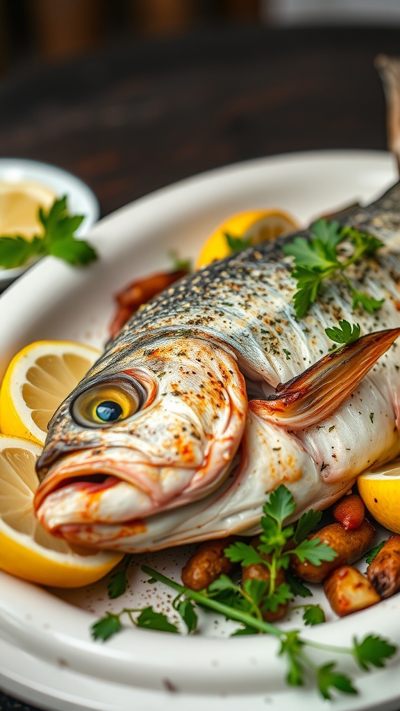 A beautifully presented herbed baked fish with lemon slices and fresh parsley on a white platter.