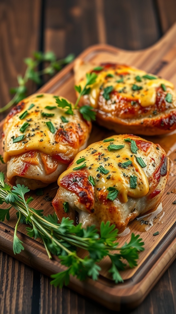 Delicious herbed mustard chicken thighs on a wooden cutting board, garnished with fresh herbs.