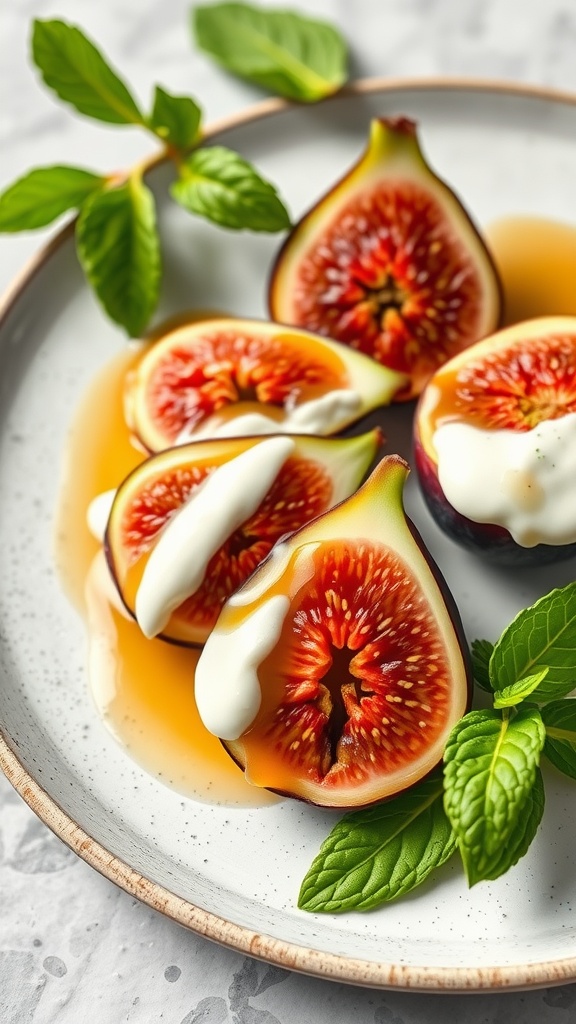 A plate of sliced figs drizzled with yogurt and honey, garnished with mint leaves.
