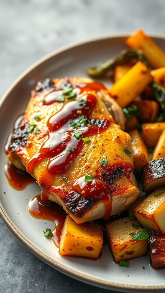 Honey balsamic chicken thighs with roasted potatoes and vegetables on a plate.