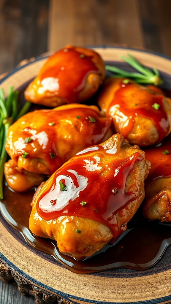 Honey Garlic Chicken Thighs glazed with a rich sauce on a plate with green onions