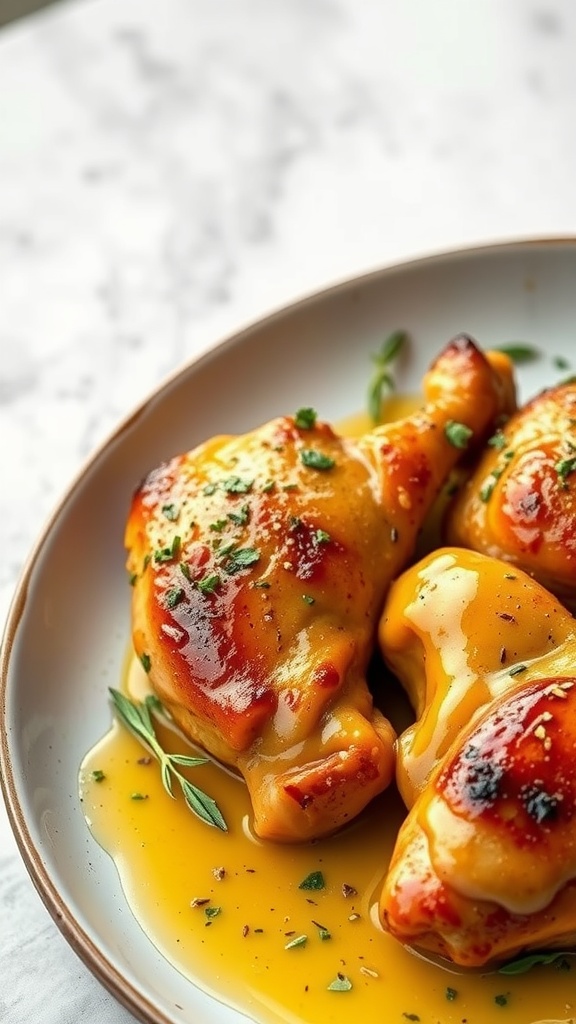Honey mustard glazed chicken thighs on a plate with herbs
