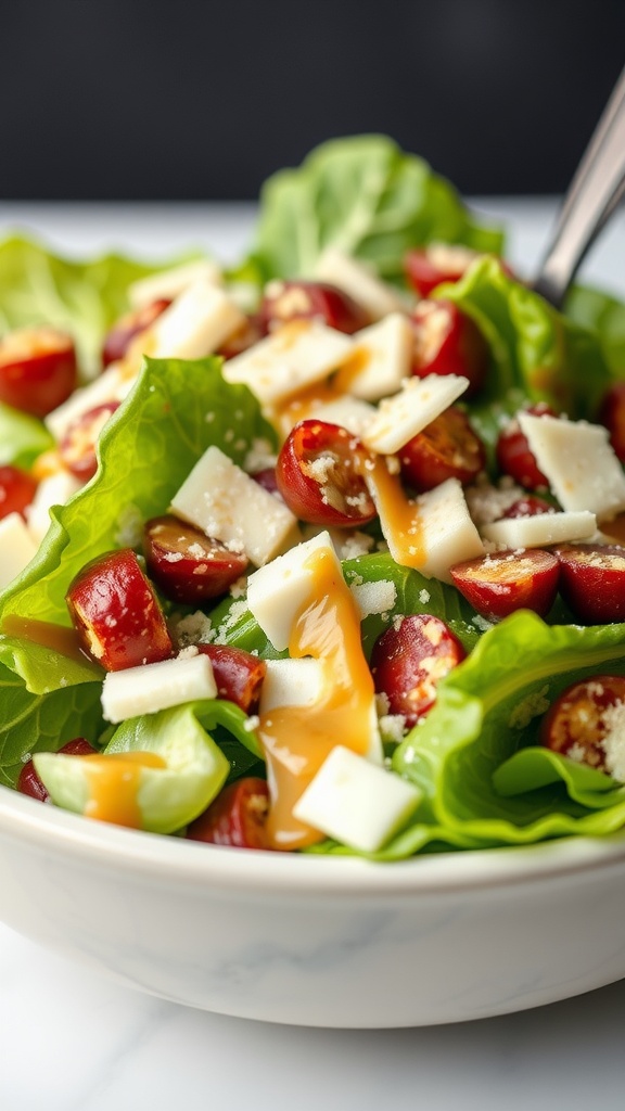 A bowl of Keto Caesar Salad with lettuce, cherry tomatoes, cheese, and dressing.