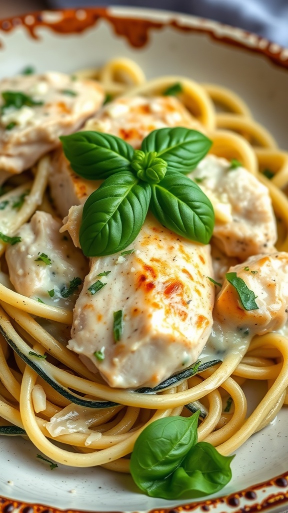 A plate of Keto Chicken Alfredo featuring chicken pieces in a creamy sauce over low-carb noodles, garnished with fresh basil.