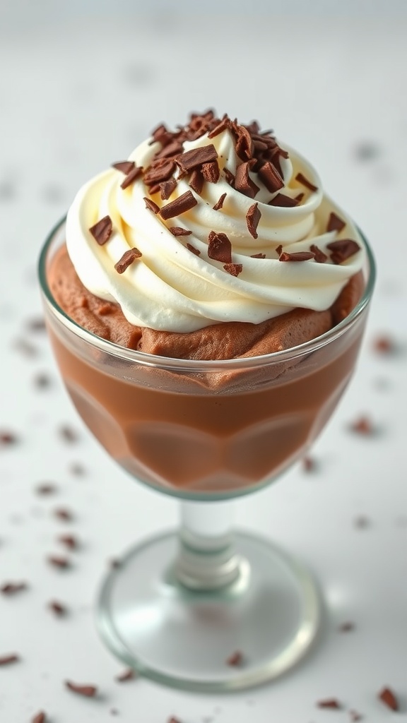 A bowl of rich chocolate mousse topped with whipped cream and chocolate shavings