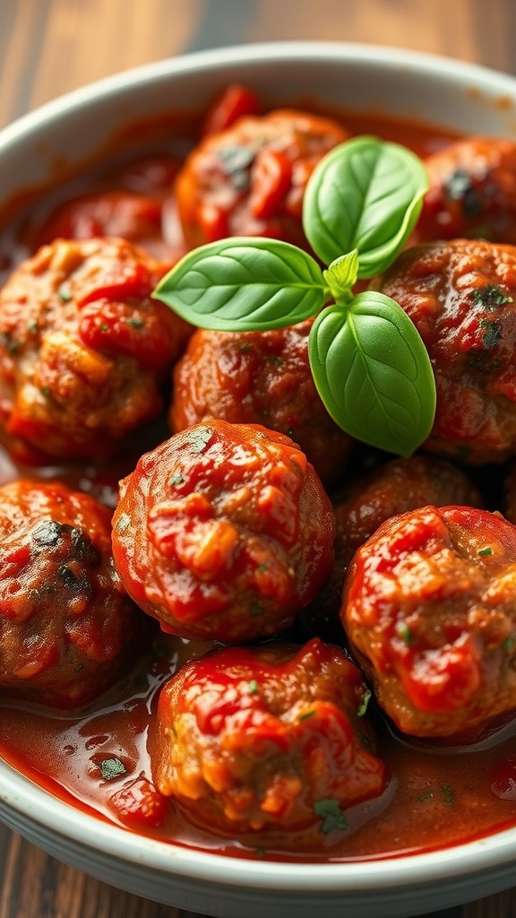 A bowl of keto meatballs in marinara sauce garnished with fresh basil.