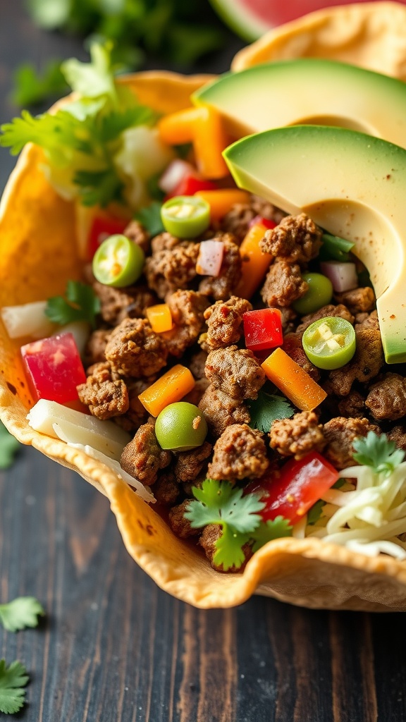 A colorful Keto Taco Salad with ground beef, fresh vegetables, and avocado in a crispy tortilla shell.