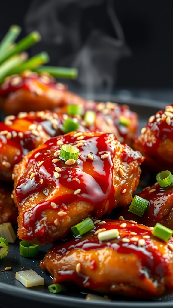 Delicious Korean BBQ chicken thighs topped with sesame seeds and green onions.