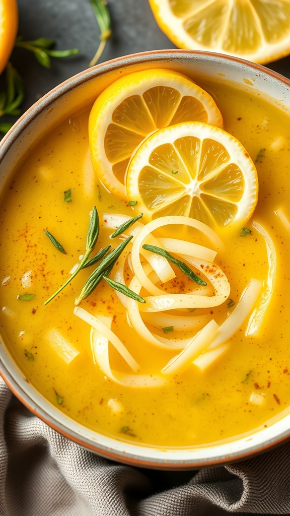 Bowl of lemon cabbage soup garnished with lemon slices and herbs