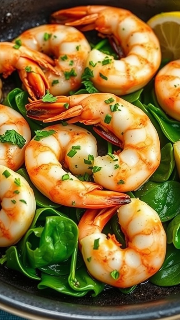 A delicious serving of Lemon Garlic Shrimp on a bed of fresh spinach leaves, garnished with parsley and lemon slices.