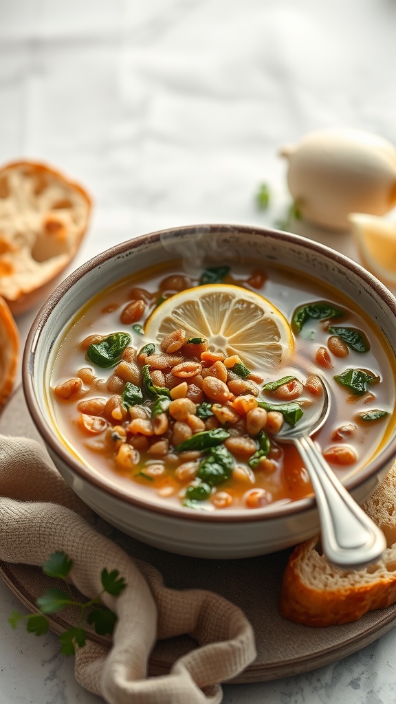 A bowl of lentil soup with spinach and lemon slices, garnished and served with bread on the side.