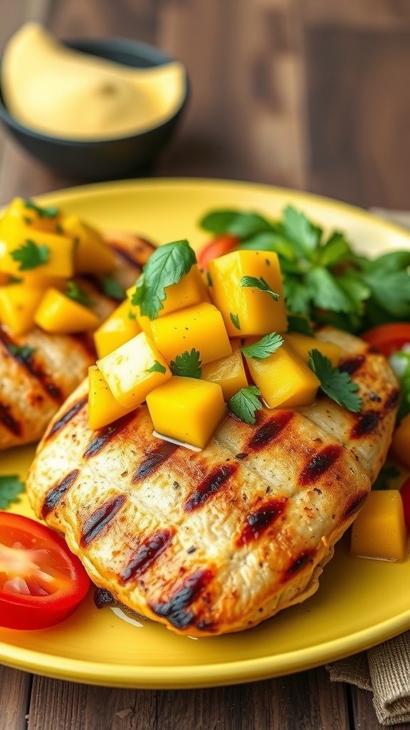 Grilled chicken thighs topped with mango salsa, served on a yellow plate