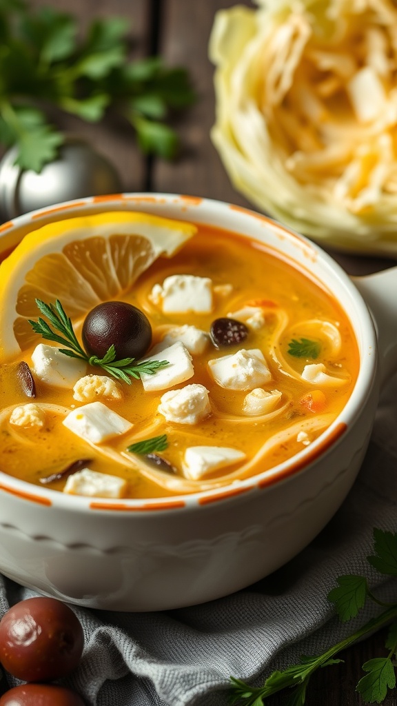 Mediterranean Cabbage Soup with feta, olives, and lemon slice