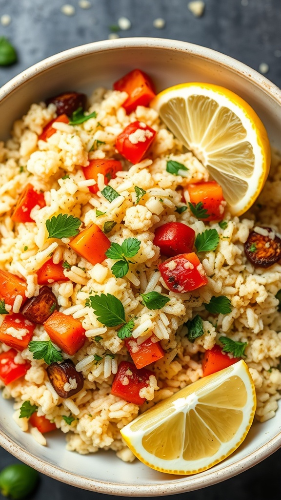 A bowl of Mediterranean cauliflower rice with lemon wedges, peppers, and herbs.