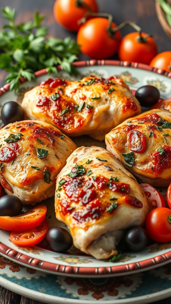 A plate of Mediterranean chicken thighs with cherry tomatoes and olives, garnished with herbs.