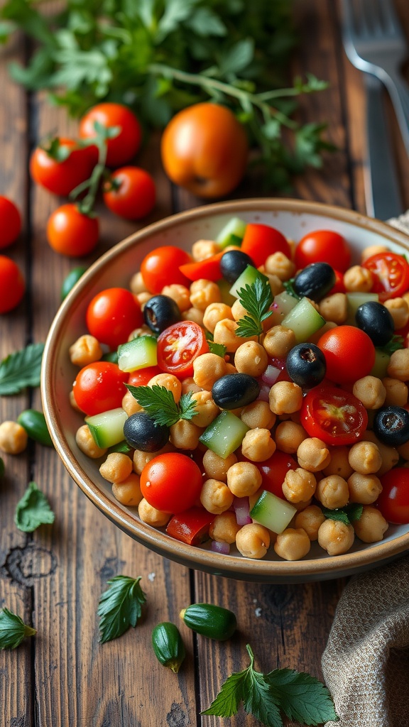 A colorful Mediterranean Chickpea Salad with cherry tomatoes, cucumber, chickpeas, and black olives, garnished with parsley on a wooden table.