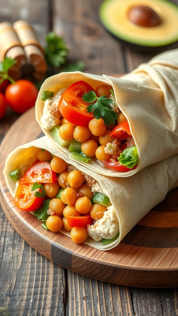 Mediterranean Chickpea Wrap with chickpeas, tomatoes, and greens wrapped in a tortilla.