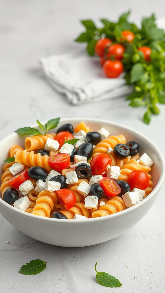 A colorful Mediterranean pasta salad with cherry tomatoes, black olives, and feta cheese.