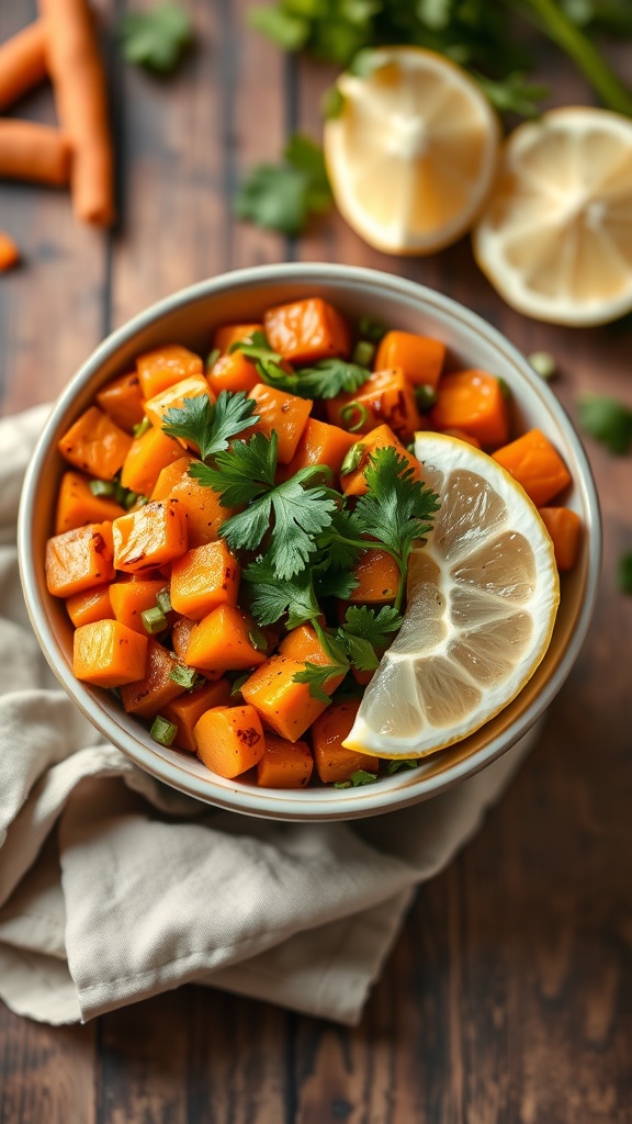 A bowl of Moroccan Spiced Carrot Salad with herbs and lemon slices on a wooden table.