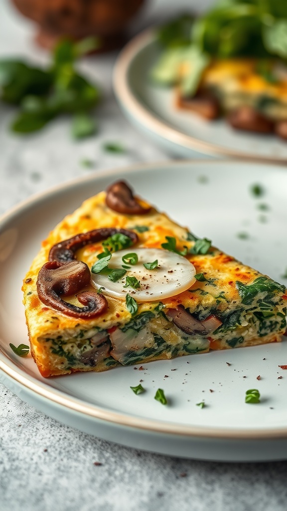 Slice of Mushroom and Spinach Frittata garnished with herbs on a plate