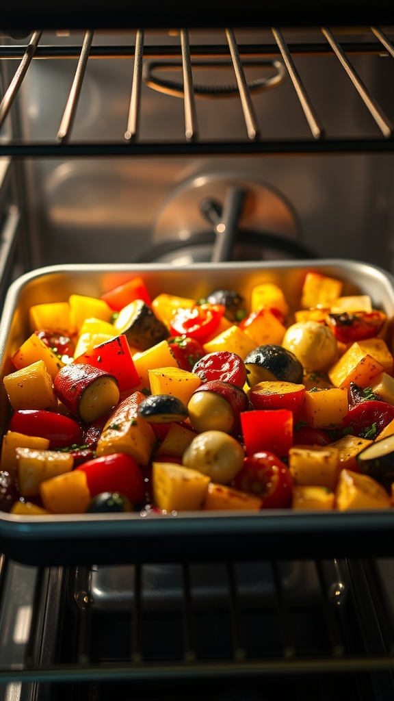 A tray of colorful roasted vegetables in an oven, showcasing a mix of bell peppers, cherry tomatoes, and onions.