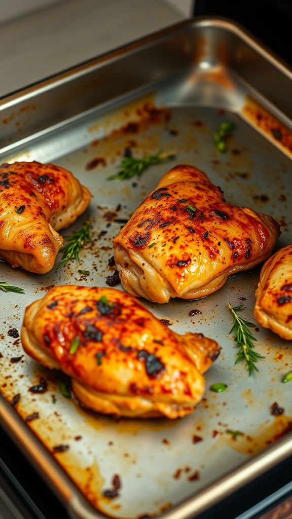 Cooked paprika roasted chicken thighs on a baking sheet.