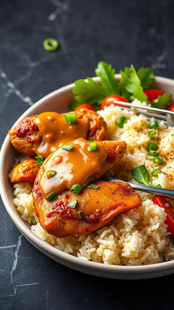 Peanut butter chicken thighs served on rice with green onions and tomatoes