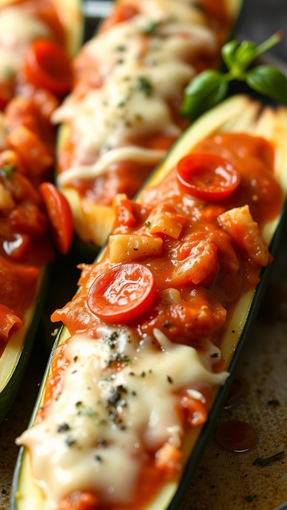 Delicious pepperoni pizza zucchini boats topped with marinara sauce and cheese.