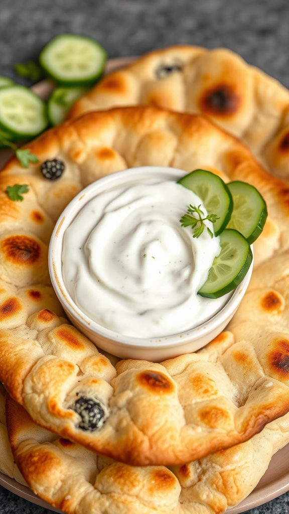 A plate of warm pita bread with a bowl of tzatziki sauce, garnished with cucumber slices.