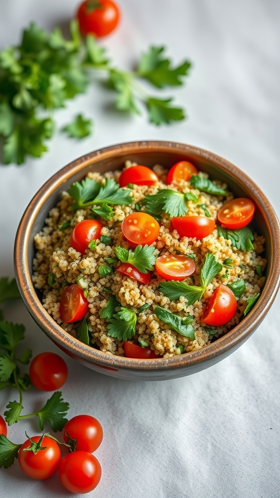 A bowl of Quinoa Tabbouleh with cherry tomatoes and fresh herbs.