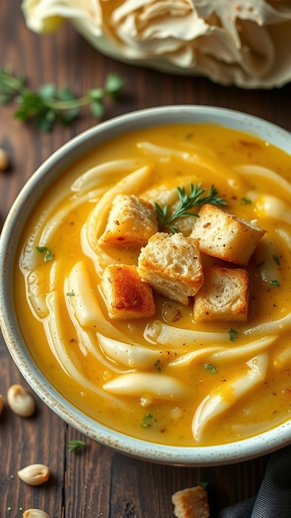 A bowl of roasted garlic cabbage soup topped with croutons, served on a wooden table.