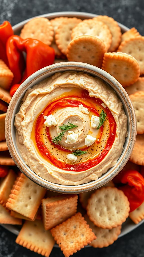 A bowl of roasted red pepper and feta dip surrounded by crackers and mini peppers.