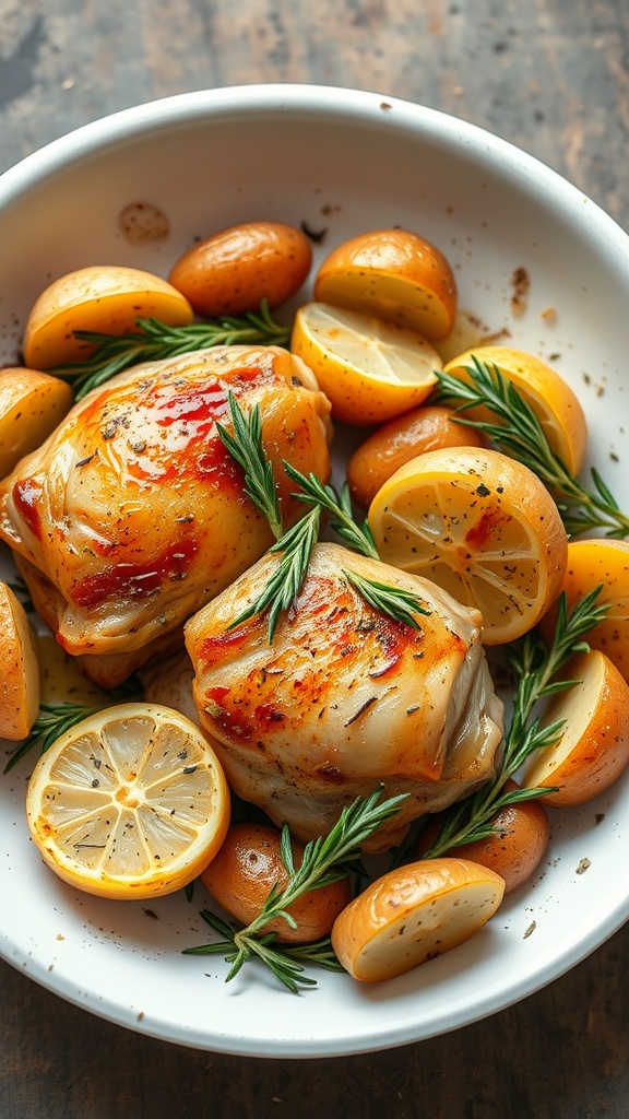 A plate of rosemary lemon chicken thighs with potatoes and lemon slices