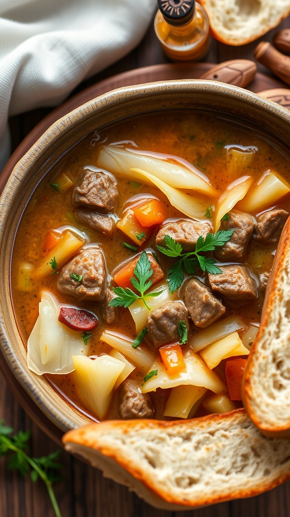 Bowl of savory cabbage and beef soup with bread on the side