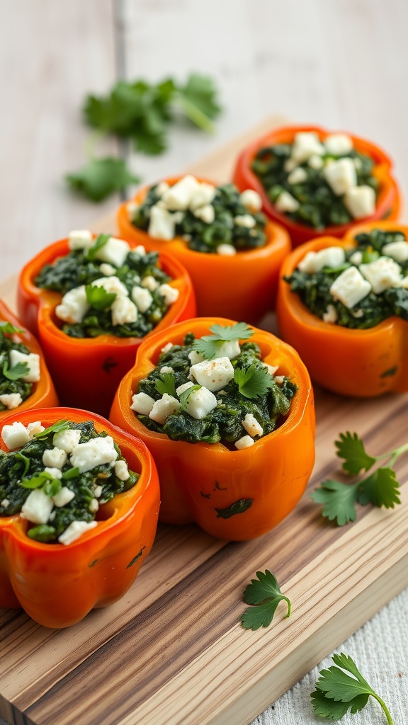 Savory spinach and feta stuffed peppers on a wooden board, garnished with fresh cilantro.