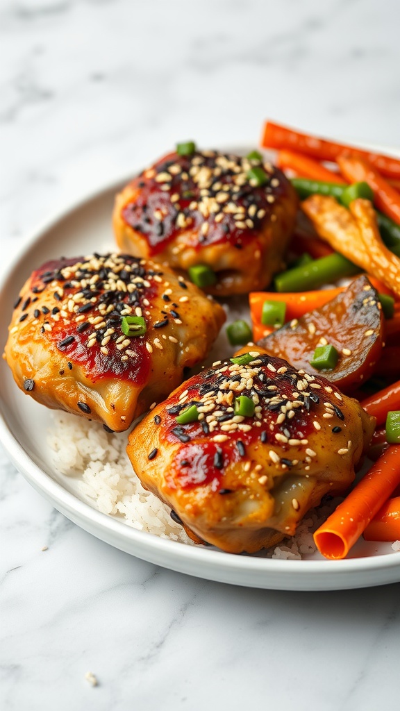 Plate of sesame chicken thighs served with rice and colorful vegetables