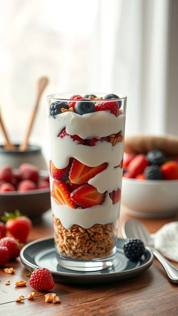 A delicious Greek yogurt parfait with layers of yogurt, granola, and fresh berries.