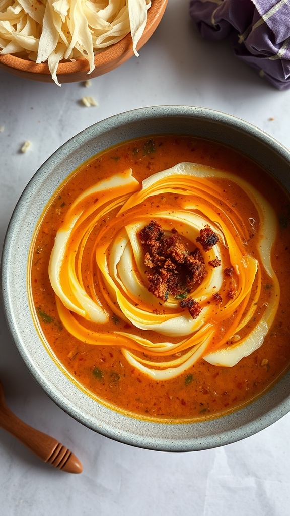 A bowl of smoky cabbage soup with cabbage strips and crispy bits on top, surrounded by fresh cabbage and a wooden spoon.