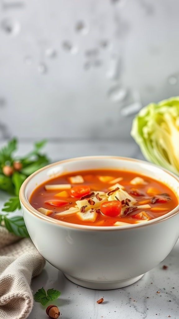 A bowl of spicy cabbage and tomato soup with colorful vegetables