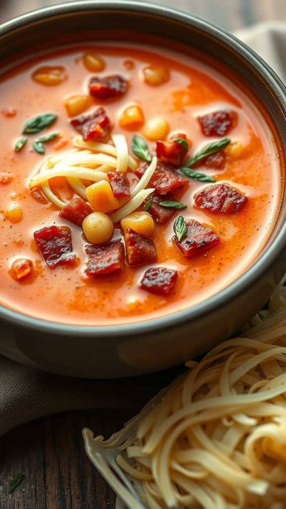 A bowl of spicy cabbage soup with bacon, featuring corn, and garnished with herbs, alongside a side of spaghetti.