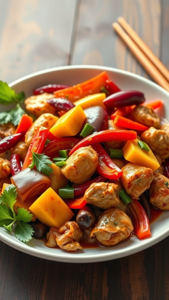 A colorful bowl of spicy Thai chicken stir-fry with chunks of chicken, bell peppers, and mango