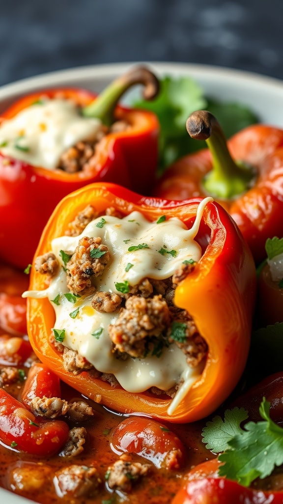 Stuffed bell peppers filled with meat and cheese, garnished with herbs.