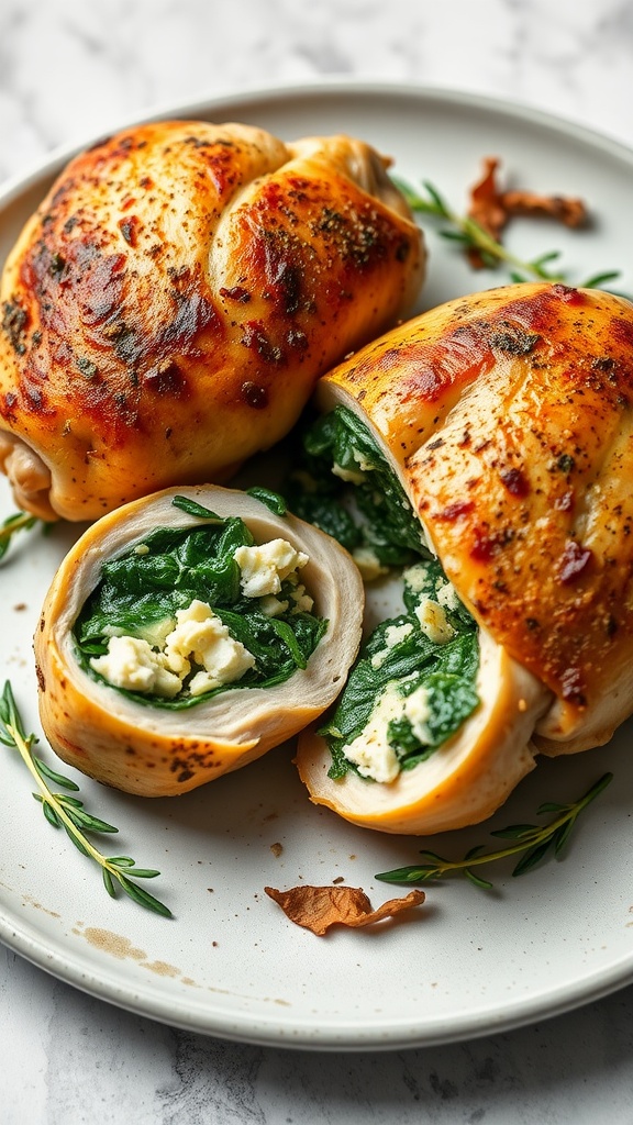 Stuffed chicken thighs with spinach and feta, showcasing a golden-brown exterior and a green filling.