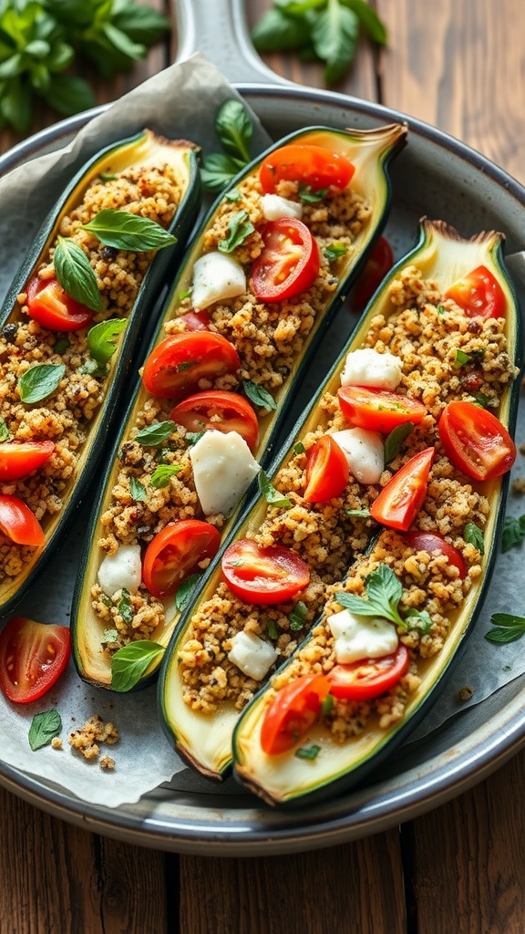 Stuffed zucchini boats filled with quinoa, topped with tomatoes and herbs, served in a dish.