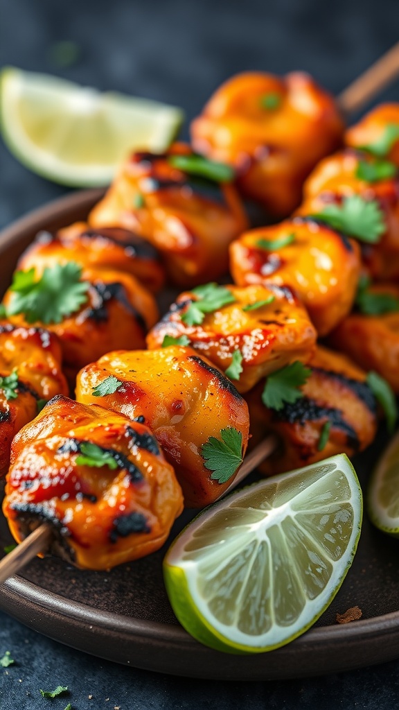 Delicious tandoori chicken skewers garnished with cilantro and lime on a plate
