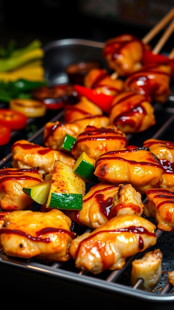 Grilled teriyaki chicken thigh skewers with colorful vegetables and pineapple on skewers
