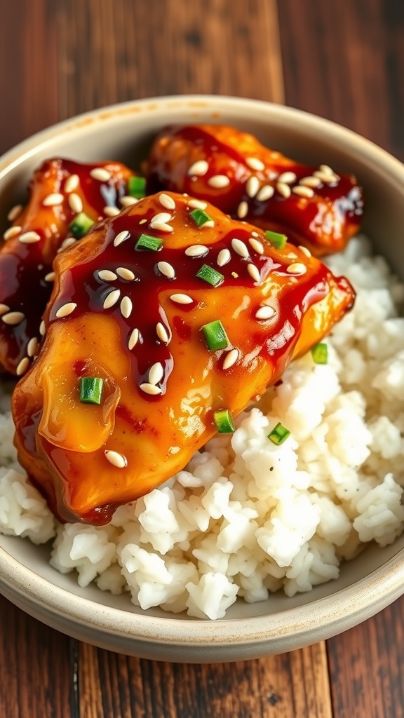 Teriyaki chicken thighs served over rice, garnished with sesame seeds and green onions.