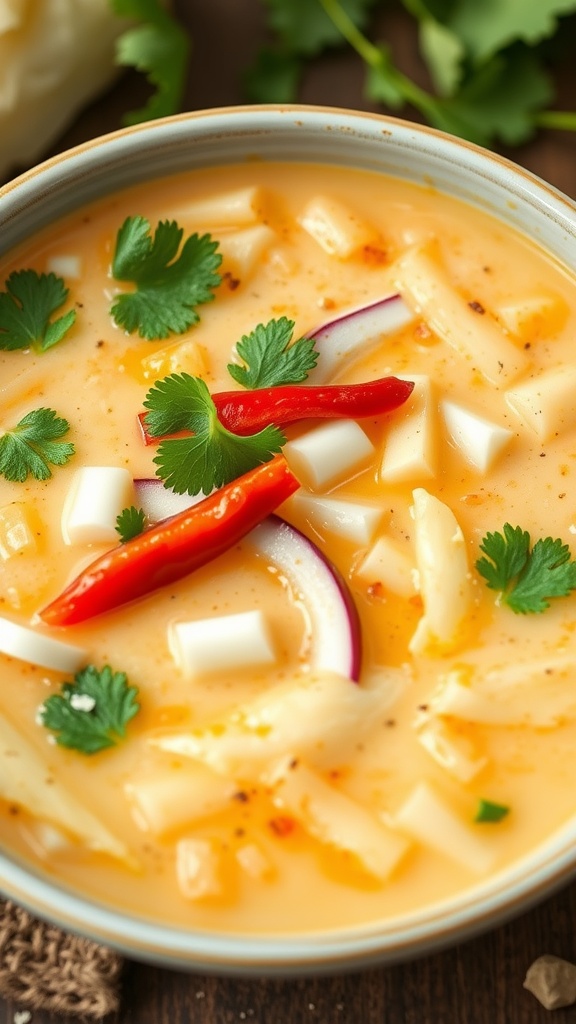 A bowl of Thai Coconut Cabbage Soup with cabbage, coconut milk, and garnished with cilantro and chili